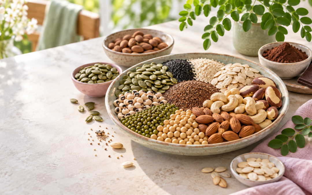 Sélection d’aliments riches en magnésium : graines, noix, légumineuses, cacao et moringa
